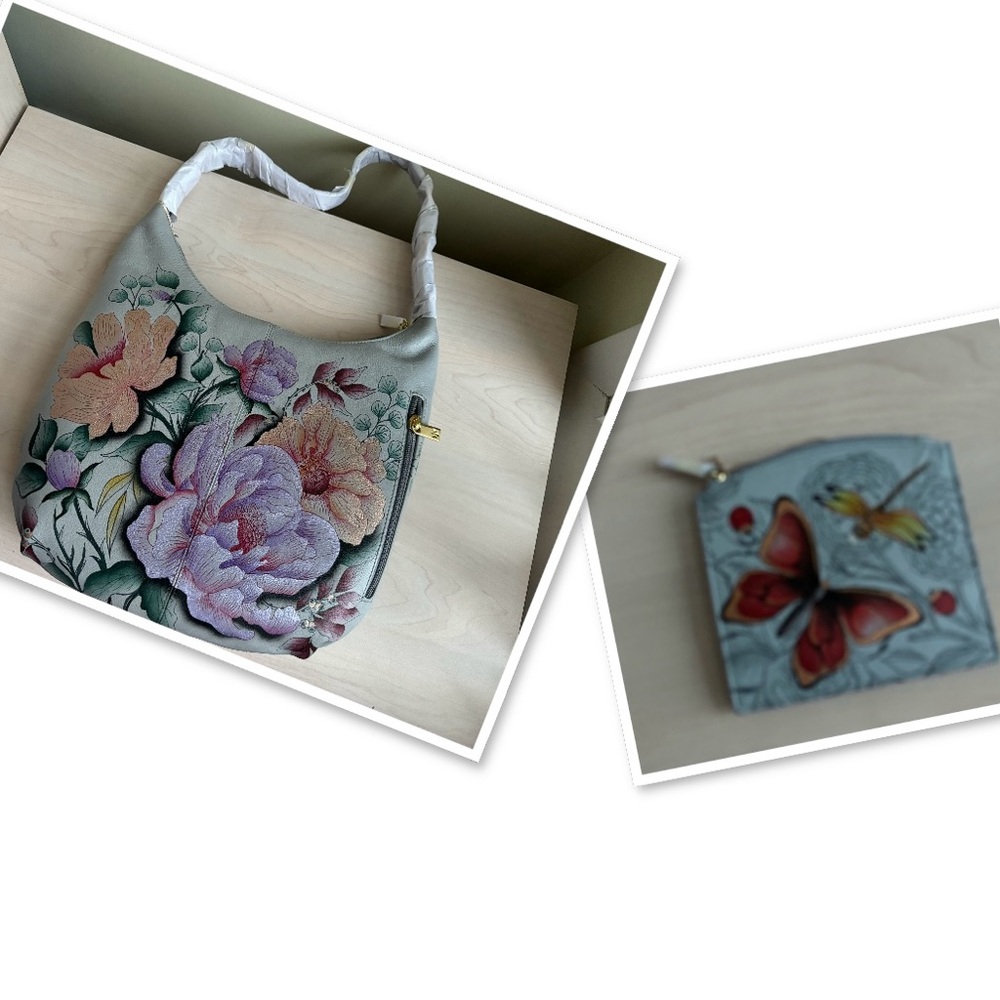 New Anuschka Light Blue Floral Genuine Leather Bag & Zippered Wallet 2 Piece Set